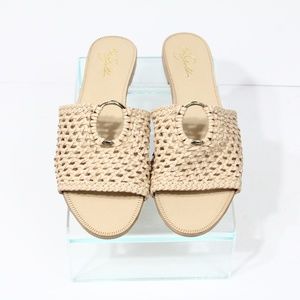 Women Woven Leather Sandals sz 10 New Flat Slides beach 42 Gold